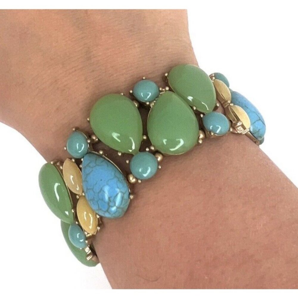 Teal  and Blue Goldtone Enamel Costume Jewelry  Bracelet Faux Jade and Turquoise